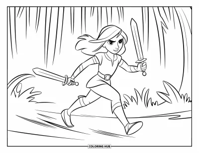 Coloriage de guerriers pour enfants : Une courageuse jeune fille court avec des épées sur un sentier de jungle