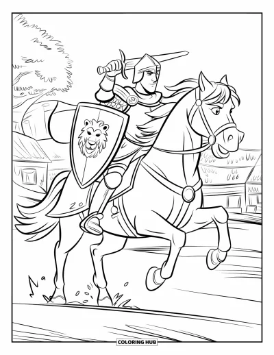 Coloriage de guerriers pour enfants : Un chevalier intrépide galope à travers les champs, épée dégainée