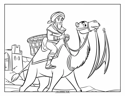 Coloriage de guerriers pour enfants : Un cavalier sur chameau armé de deux lames traverse un désert avec des bâtiments au loin
