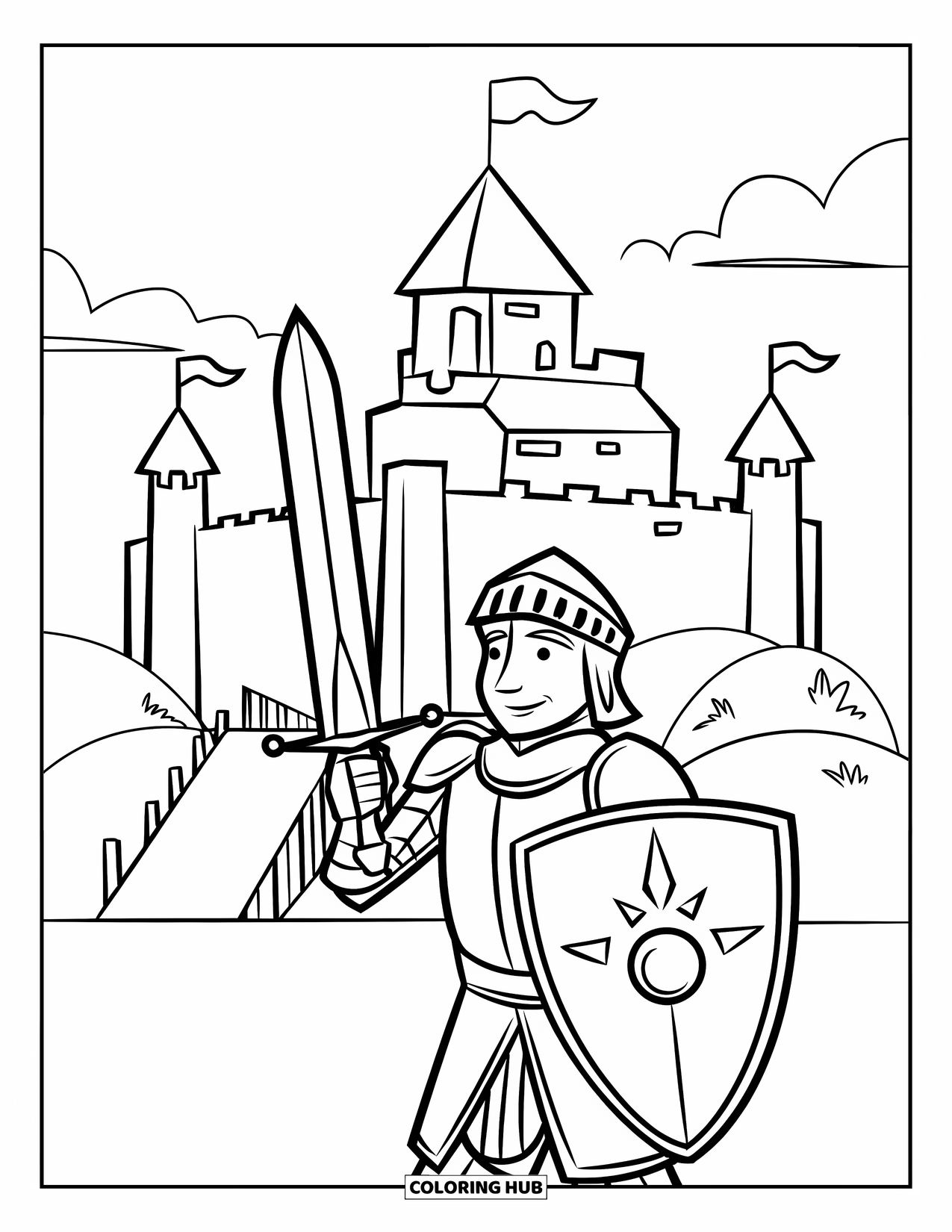 Warrior Coloring Page for Kids: A castle rises behind a knight holding sword and shield in the sun