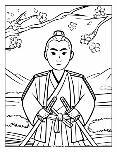 Coloriage de guerriers pour enfants : Une brise de cerisiers en fleurs entoure un samouraï serein dans les collines