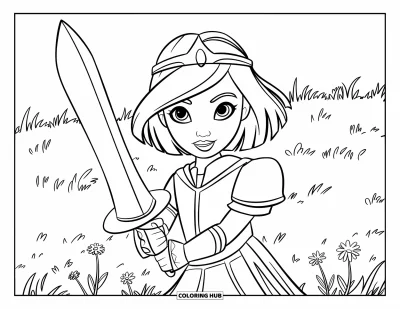 Coloriage de guerriers pour enfants : Une guerrière couronnée se tient fièrement, épée en bois à la main