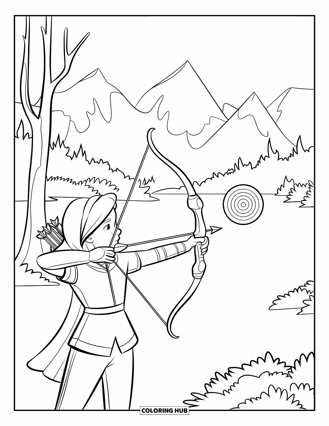 Warrior Coloring Page for Kids: A determined archer stands ready with her bow in a mountain forest