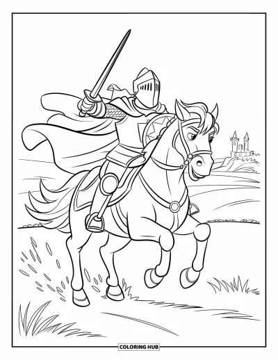 Coloriage de guerriers pour enfants : Un chevalier déterminé galope en avant avec une crête de lion sur son bouclier