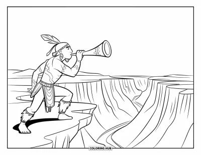Coloriage de guerriers pour enfants : Un guerrier orné de plumes crie depuis une falaise surplombant un vaste canyon