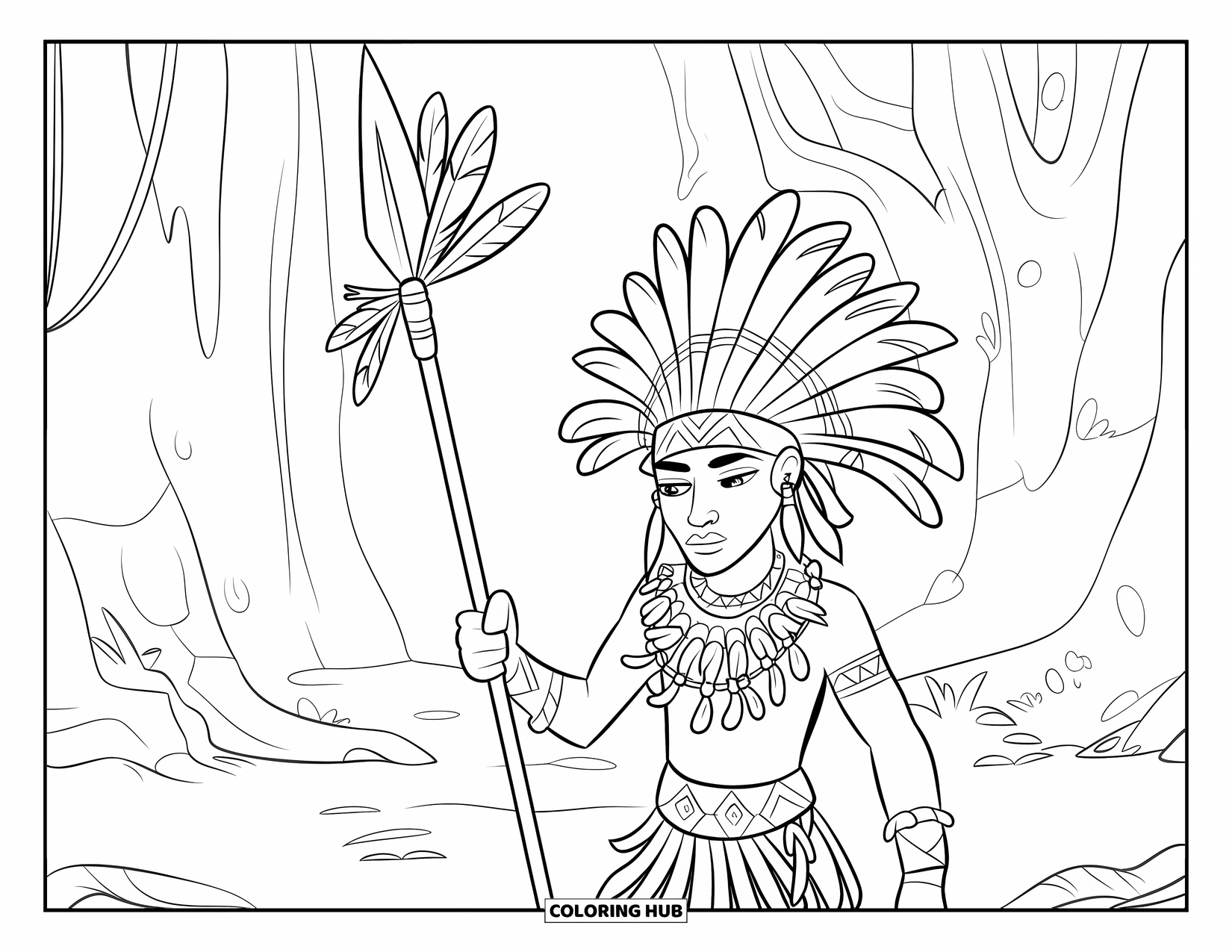 Warrior Coloring Page for Kids: A fierce warrior stands among trees with his tall feathered spear