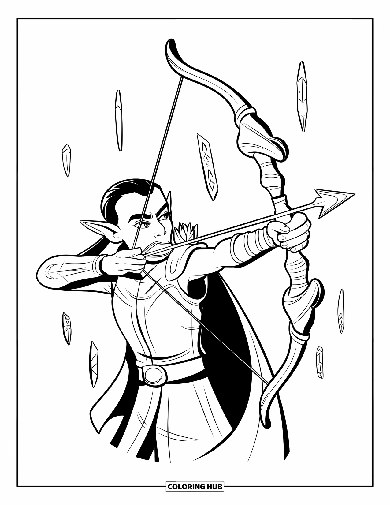 Warrior Coloring Page for Kids: A focused elf with a glowing bow stands surrounded by magical runes
