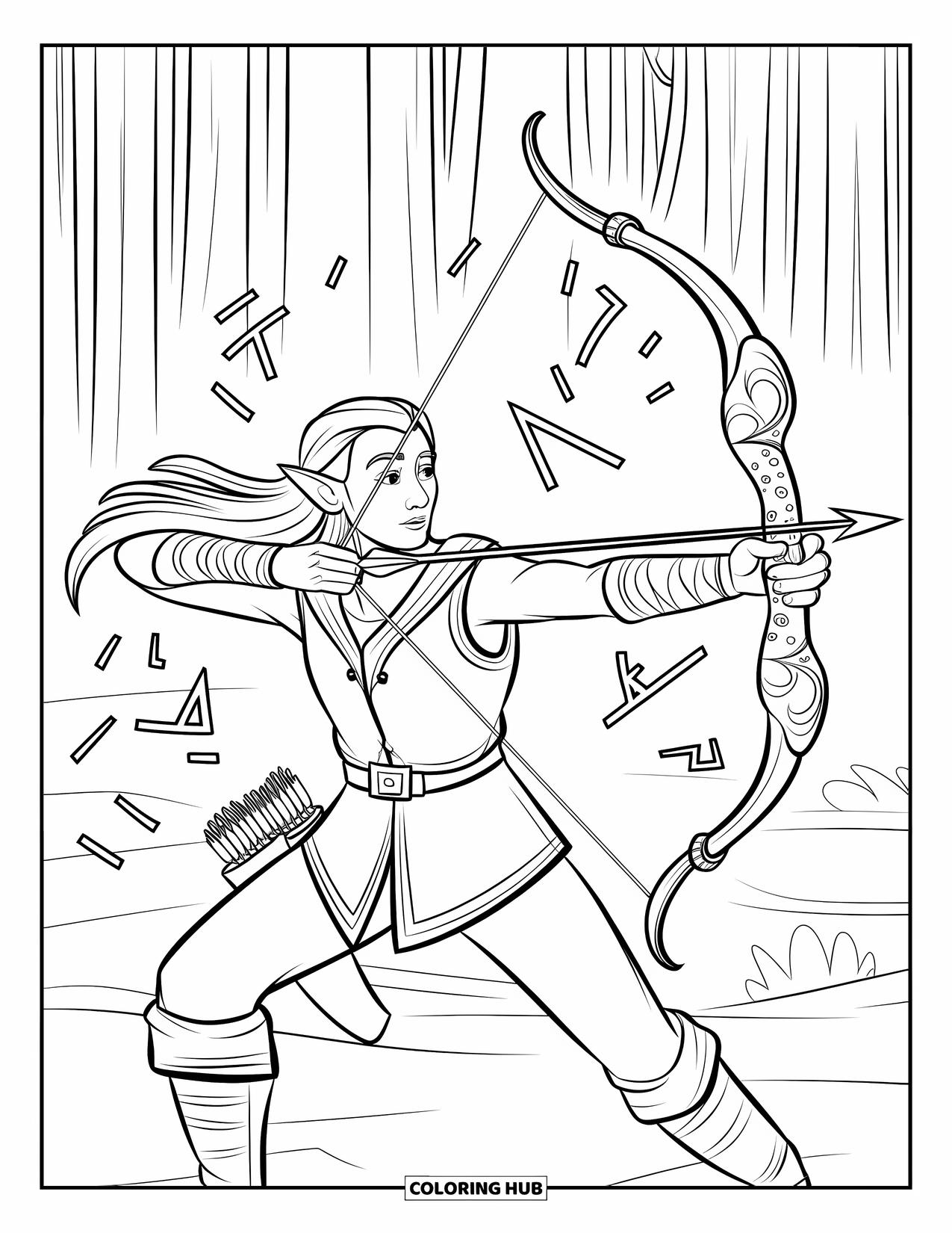 Warrior Coloring Page for Kids: A forest elf readies his glowing bow beneath tall trees
