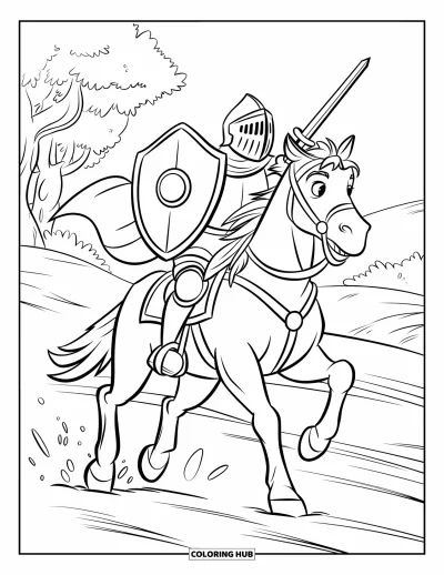 Coloriage de guerriers pour enfants : Un chevalier au galop avance avec son bouclier sous de grands arbres et des collines