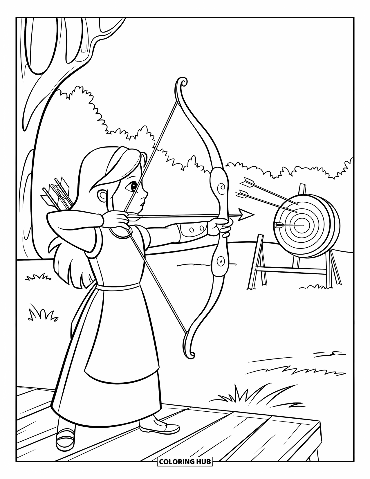 Warrior Coloring Page for Kids: A girl archer focuses on her distant mark among tall trees
