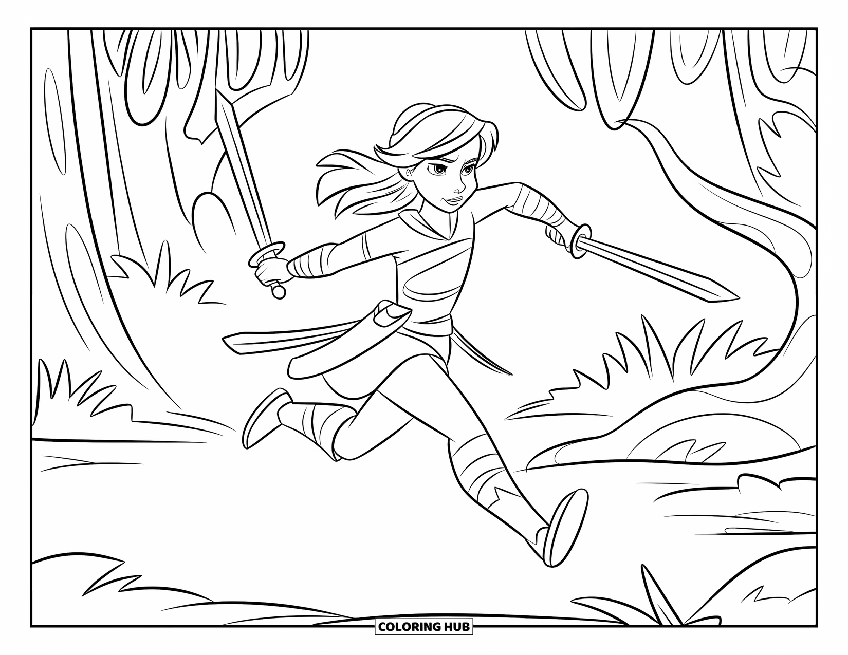 Warrior Coloring Page for Kids: A girl warrior dashes through the jungle with twin blades
