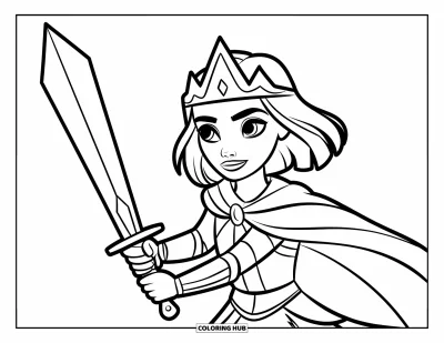 Coloriage de guerriers pour enfants : Une jeune fille couronnée manie son épée en bois dans un espace ouvert