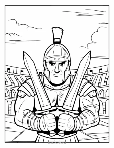 Coloriage de guerriers pour enfants : Un gladiateur armé de deux lames se tient debout dans un grand colisée de pierre