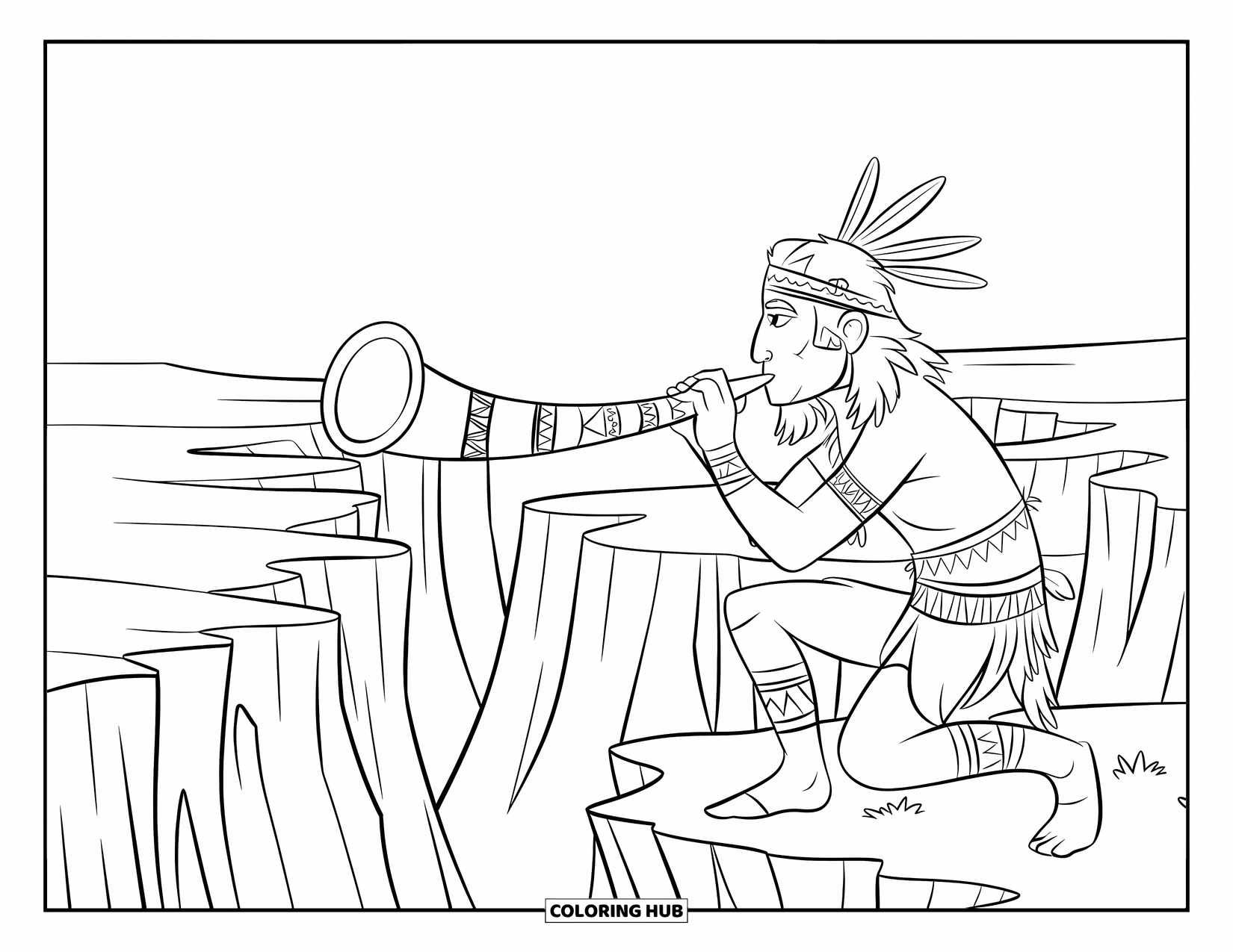 Warrior Coloring Page for Kids: A horn-blowing warrior stands on a cliff above sharp-edged canyon rocks