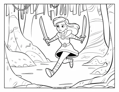 Coloriage de guerriers pour enfants : Une guerrière de la jungle fonce à travers des arbres sauvages et des rochers