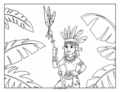 Coloriage de guerriers pour enfants : Un guerrier de la jungle couvert de tatouages et de plumes défend son territoire