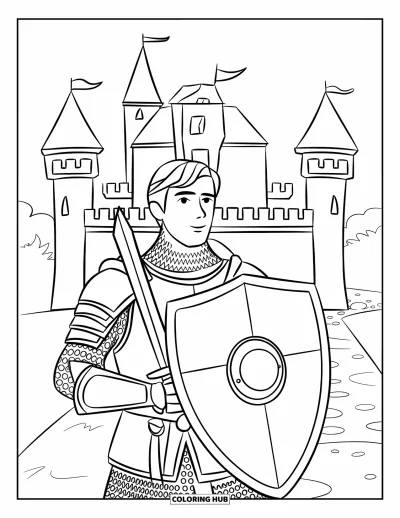 Coloriage de guerriers pour enfants : Un chevalier avec bouclier et épée garde l'entrée d'un simple château