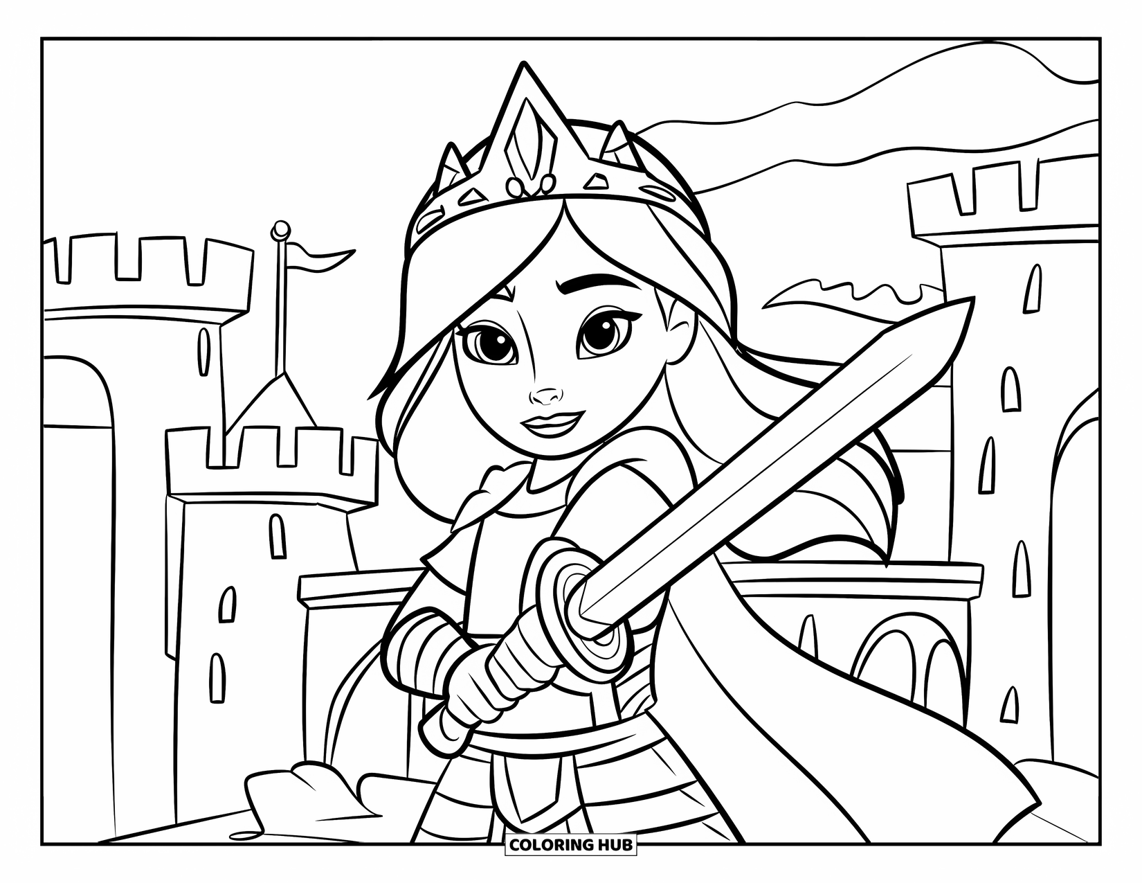 Warrior Coloring Page for Kids: A little warrior princess raises her wooden sword near castle towers