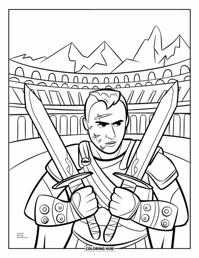 Coloriage de guerriers pour enfants : Un gladiateur solitaire agrippe ses lames dans un colisée silencieux avec des montagnes en arrière-plan