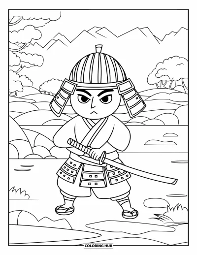 Coloriage de guerriers pour enfants : Un samouraï masqué contemple un paysage de montagne paisible