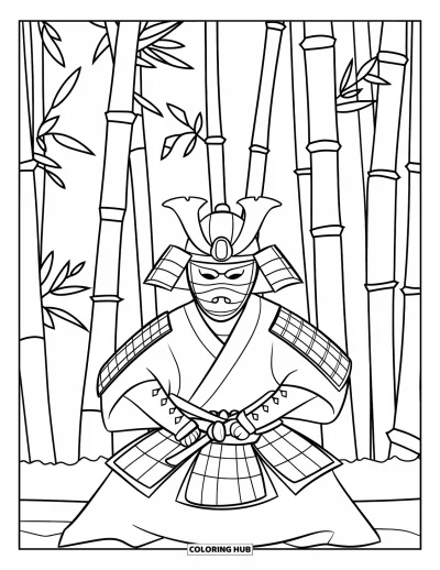 Coloriage de guerriers pour enfants : Un guerrier masqué pose dans l'ombre des bambous, sabre prêt au combat