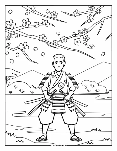 Coloriage de guerriers pour enfants : Un noble samouraï se repose sous des arbres couverts de pétales roses