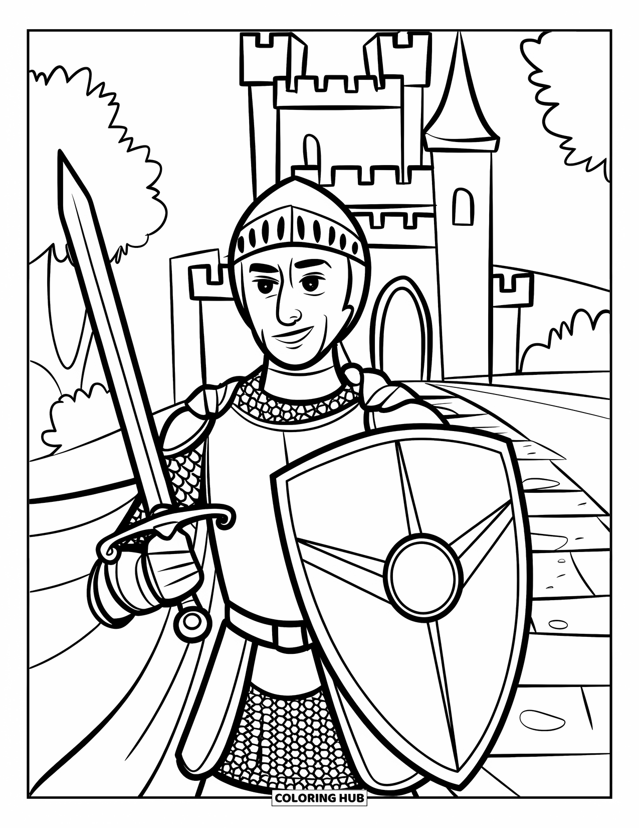 Warrior Coloring Page for Kids: A proud knight faces the field beside a castle's drawbridge