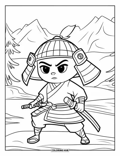 Coloriage de guerriers pour enfants : Un samouraï paisible observe depuis les collines, sabre en main