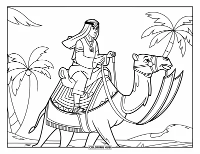 Coloriage de guerriers pour enfants : Un guerrier en robe chevauche un chameau orné devant des palmiers et des dunes