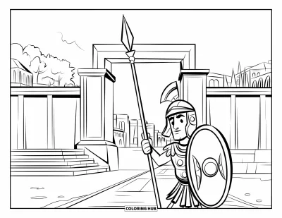 Coloriage de guerriers pour enfants : Un soldat romain garde une grande porte avec lance et bouclier