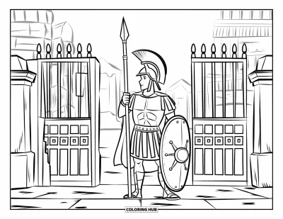Coloriage de guerriers pour enfants : Un guerrier romain se dresse fièrement près d'une porte de ville ornée de sculptures