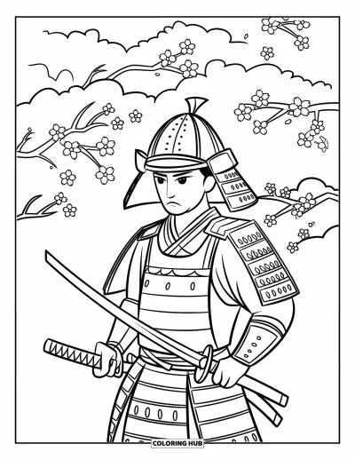 Coloriage de guerriers pour enfants : Un samouraï se dresse sous des cerisiers en fleurs, tenant deux sabres