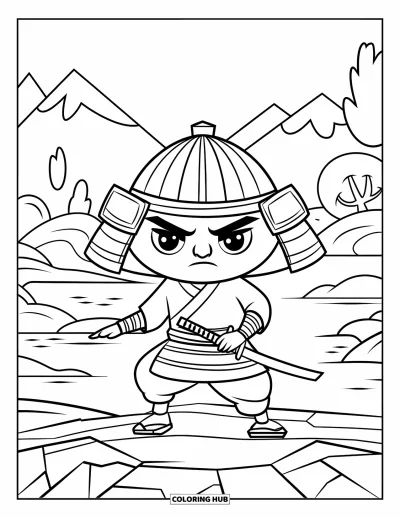 Coloriage de guerriers pour enfants : Un samouraï avec un sabre court se tient sur un sol rocailleux