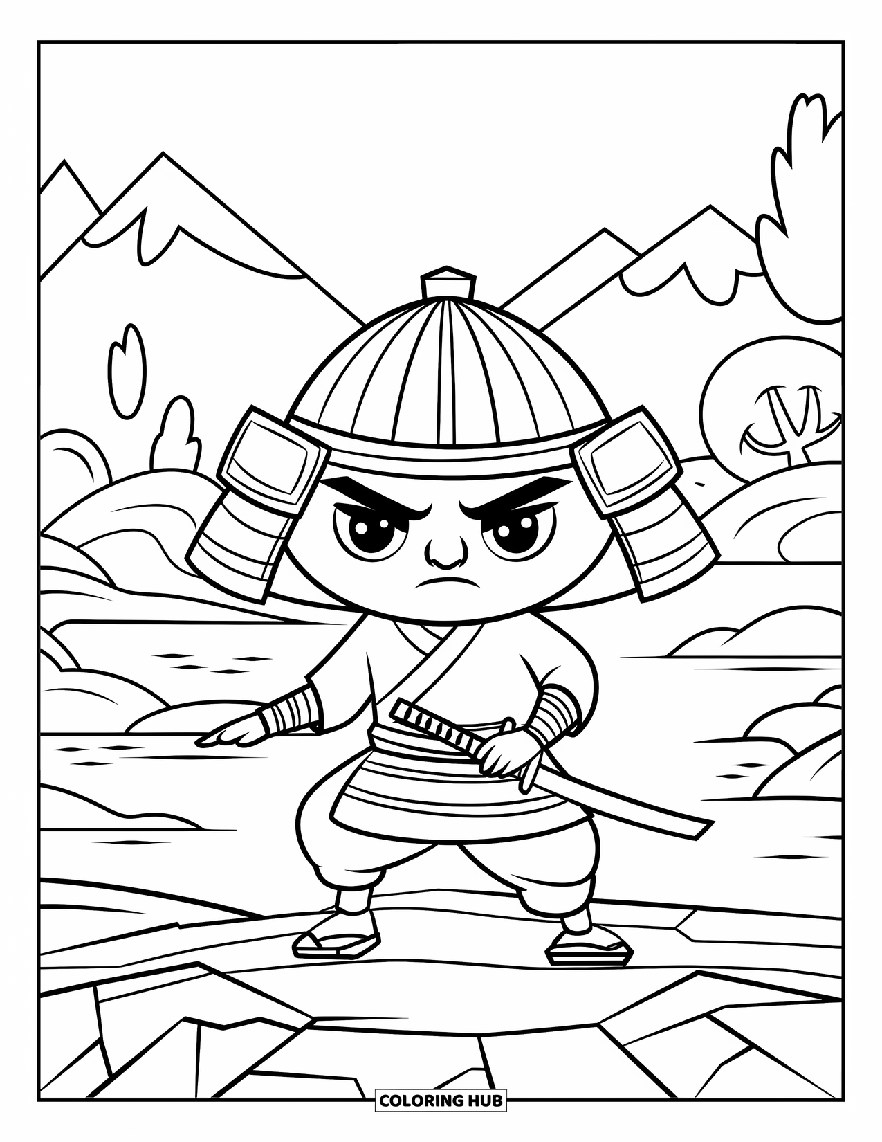 Warrior Coloring Page for Kids: A samurai with a short sword stands on rocky ground