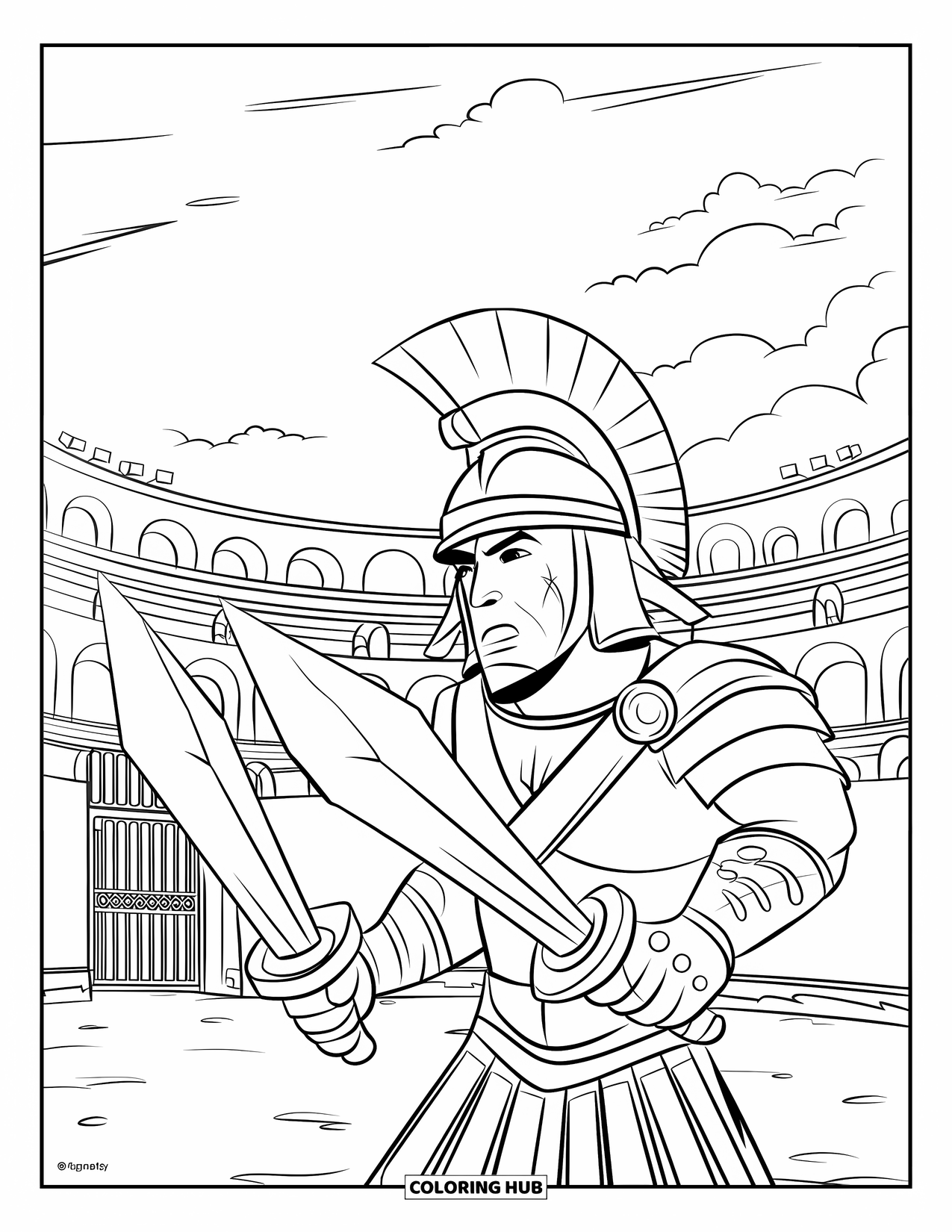 Warrior Coloring Page for Kids: A scarred gladiator grips twin swords inside a battle-worn coliseum