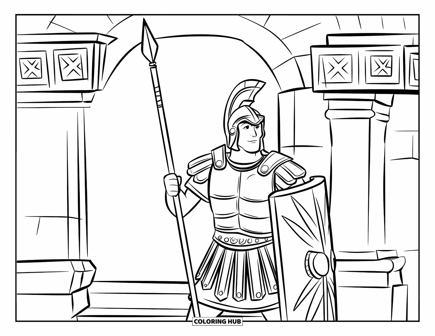 Warrior Coloring Page for Kids: A soldier stands guard with spear and shield near a decorated stone gate