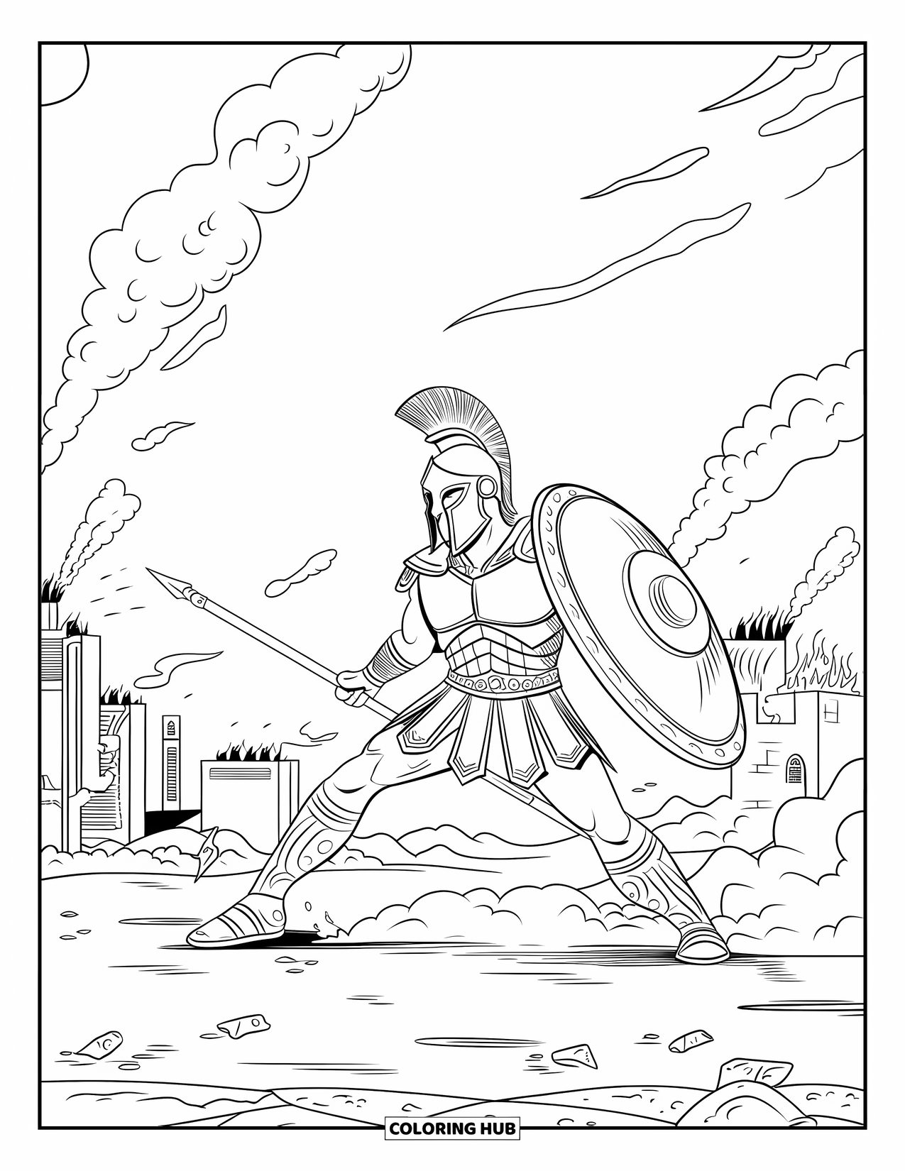 Warrior Coloring Page for Kids: A Spartan battles amid dust and flames as a city burns behind him