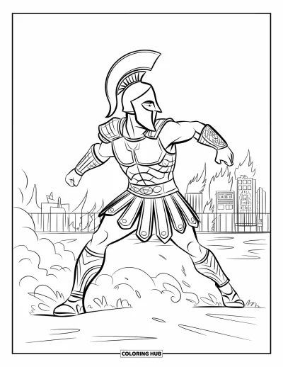 Coloriage de guerriers pour enfants : Un guerrier spartiate charge à travers la fumée avec armure et lance levées
