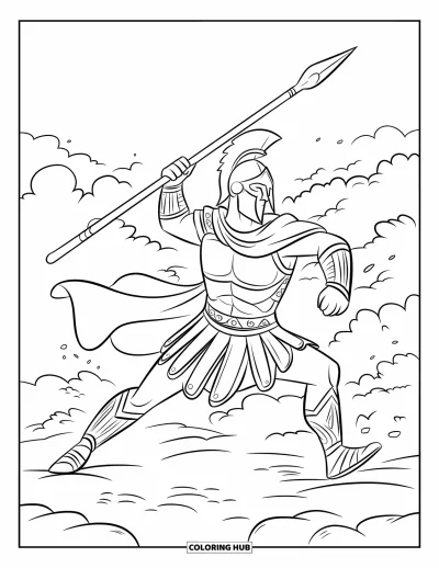 Coloriage de guerriers pour enfants : Un guerrier spartiate casqué et armé d'une lance combat dans un nuage de poussière
