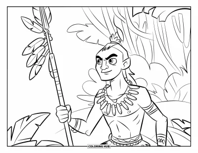 Coloriage de guerriers pour enfants : Un guerrier tribal agrippe une lance ornée de plumes au cœur de la jungle