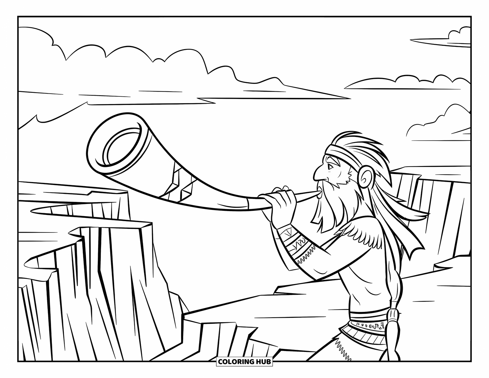 Warrior Coloring Page for Kids: A tribal warrior sounds a horn high above a canyon with swirling clouds