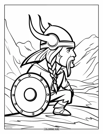 Coloriage de guerriers pour enfants : Un Viking aux tresses et au bouclier se tient droit sur un sol rocailleux