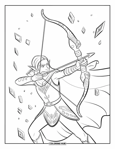 Coloriage de guerriers pour enfants : Un elfe guerrier vise avec un arc lumineux tandis que des runes flottent autour de lui
