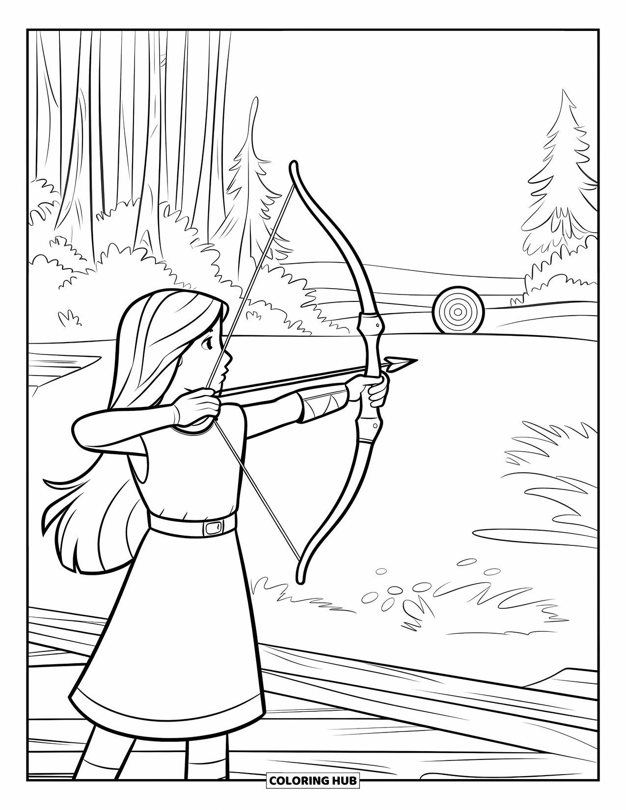 Warrior Coloring Page for Kids: A young archer aims at a faraway target deep in the forest