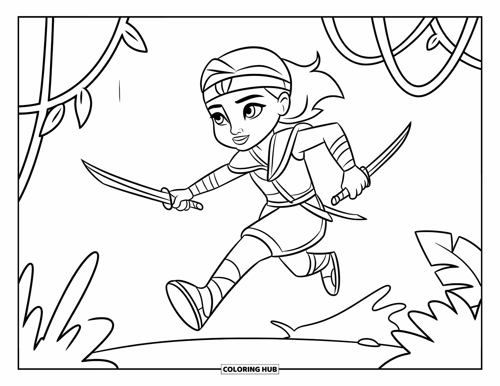 Warrior Coloring Page for Kids: A young fighter sprints through vines holding twin swords