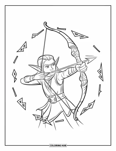 Coloriage de guerriers pour enfants : Un elfe bande un arc radieux tandis que des runes brillent autour de lui
