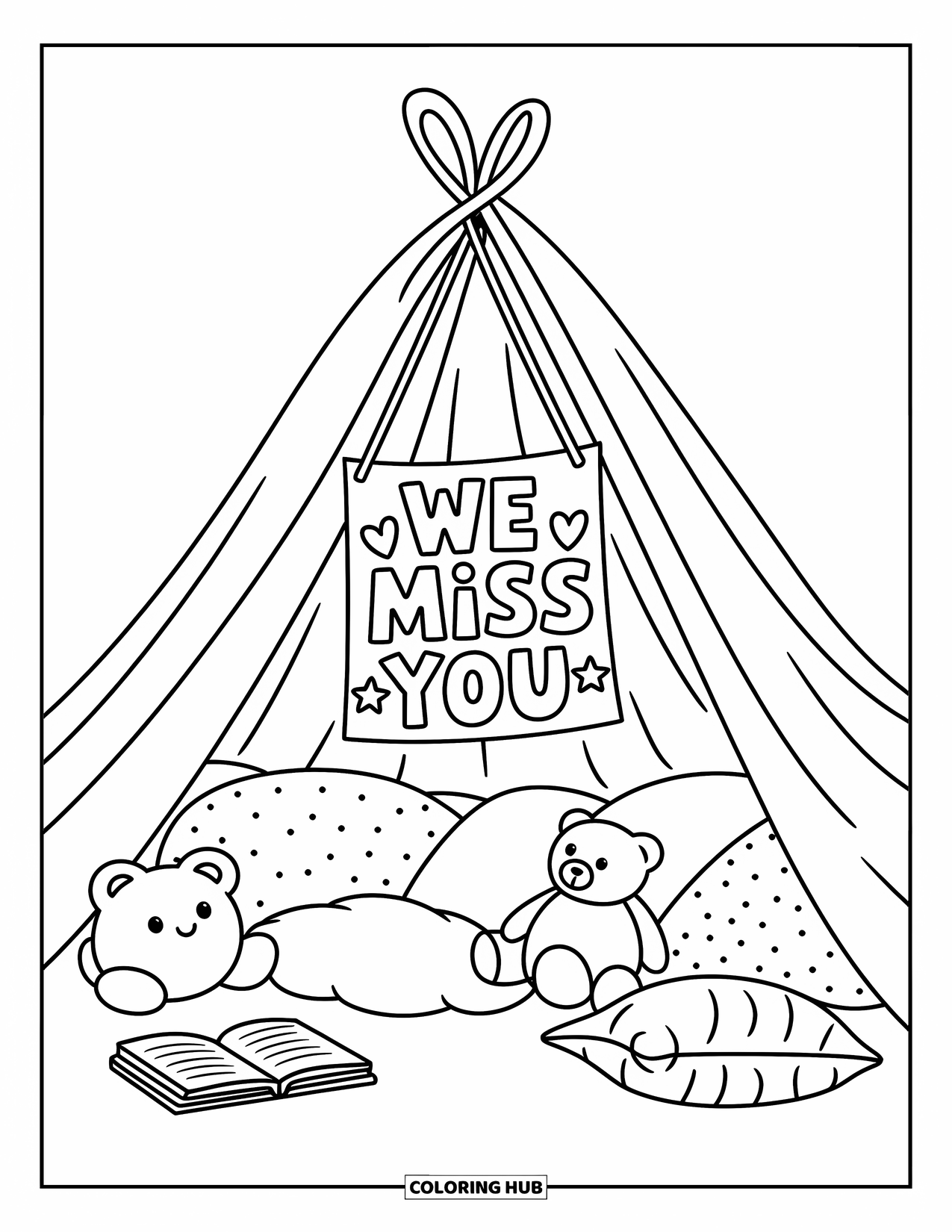 We Miss You Coloring Page for Adults: A cozy blanket fort glows warmly with a sign that says "We Miss You"