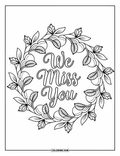 어른을 위한 우리는 당신이 보고 싶어요 색칠공부: 꽃 만다라가 우아한 필기체로 쓰인 "We Miss You" 글씨를 감싸고 있는 모습