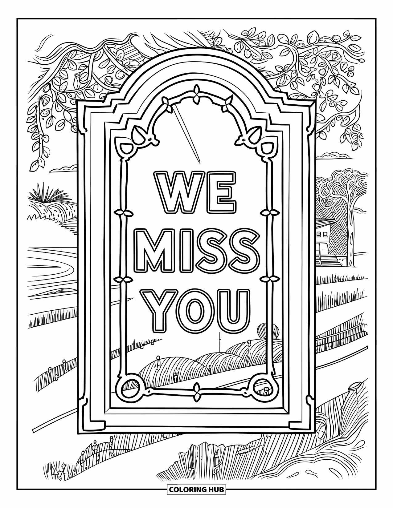 We Miss You Coloring Page for Adults: A scenic view shines through a detailed window etched with "We Miss You"