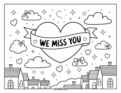 어른을 위한 우리는 당신이 보고 싶어요 색칠공부: 별이 빛나는 하늘에 하트 구름이 "We Miss You" 팻말을 들고 있는 모습